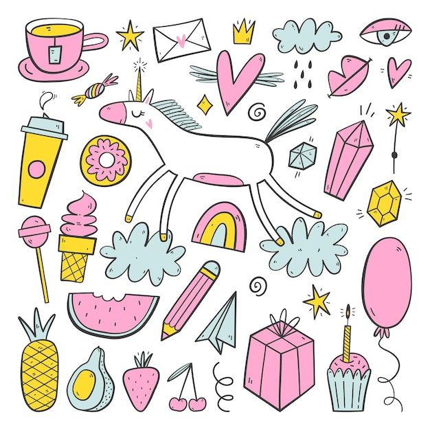 Unicorn collection with magic items isolated on white background