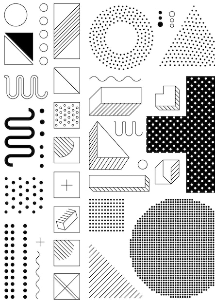 Universal trend poster with bright bold geometric elements, chaotic composition, restrained sustained tempered style. Easy editable clipping mask. Magazine, leaflet, ad, typography, print