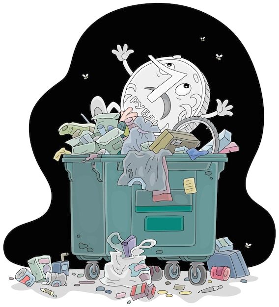 unlucky sad ruble in a trash can with garbage after its devaluation vector cartoon illustration
