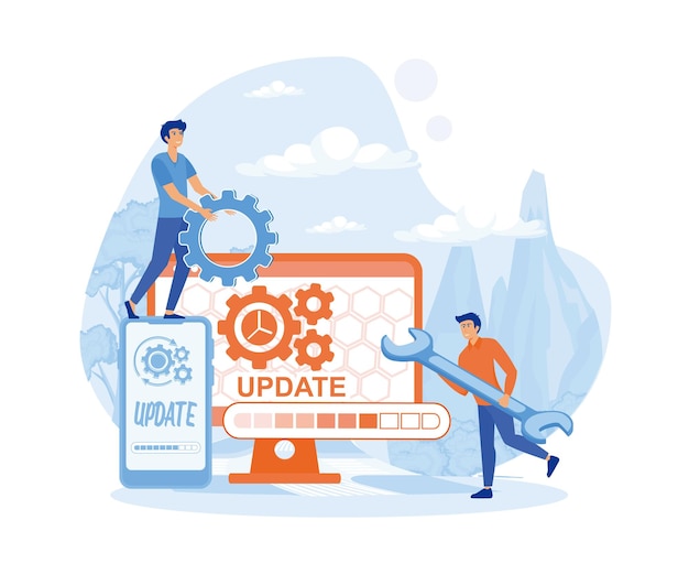 update software mini people work with upgrade system flat vector modern illustration
