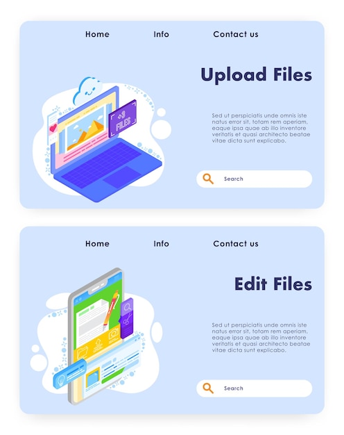 Upload files vector website landing page template set