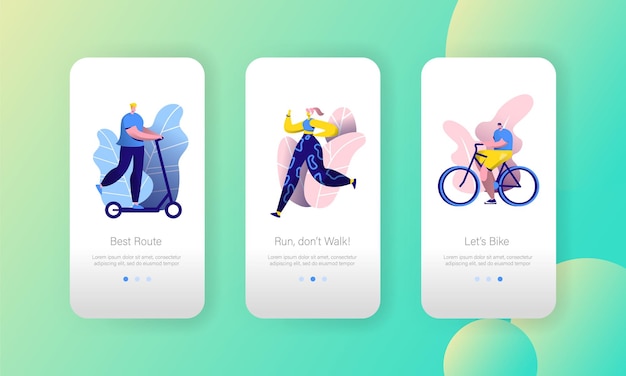 Urbaani kuntoiluelämäntyylin mobiilisovelluksen aloitusnäyttöjen sarja.