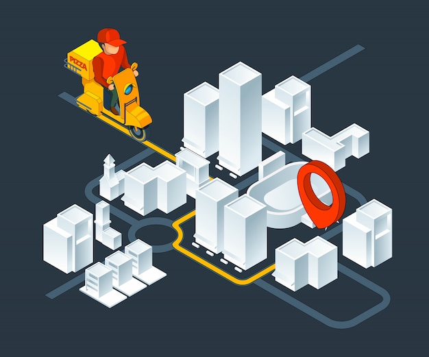 urban isometric map navigation. isometric map with delivery pizza navigation route