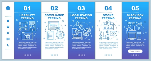 Usability testing blue onboarding mobile web pages vector template. Responsive smartphone website interface idea with linear illustrations. Webpage walkthrough step screens. Color concept