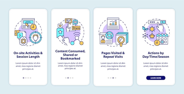 User behaviour analytics onboarding mobile app page screen with concepts. On site activities walkthrough 5 steps graphic instructions.