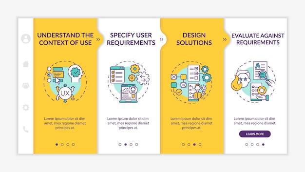 User centered design onboarding vector template. Responsive mobile website with icons. Web page walkthrough 4 step screens. Understand context of use color concept with linear illustrations