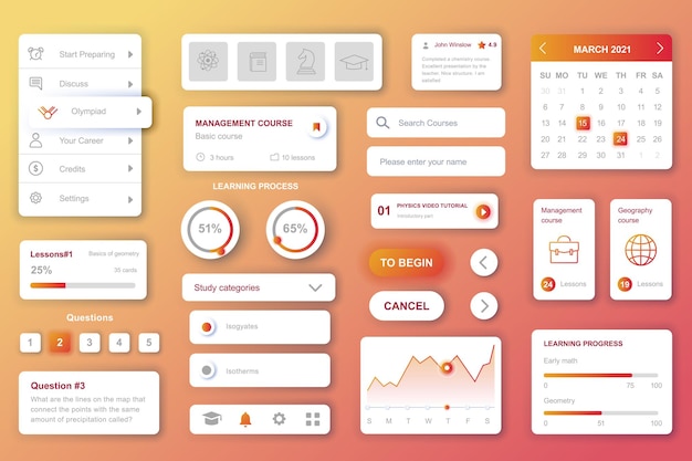User interface elements set for Education mobile app or web Kit template with HUD courses management learning process data online lessons student account Pack of UI UX GUI Vector components