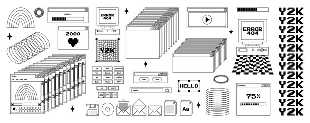 User Interface y2k stickers Retro icon browser buttons and more Black white colors Vector