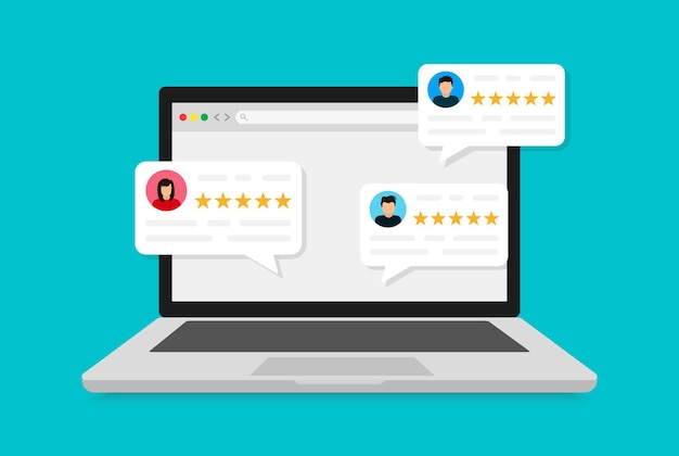 User reviews. Laptop with rating bubbles
