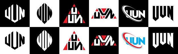 UUN letter logo design in six style UUN polygon circle triangle hexagon flat and simple style with black and white color variation letter logo set in one artboard UUN minimalist and classic logo