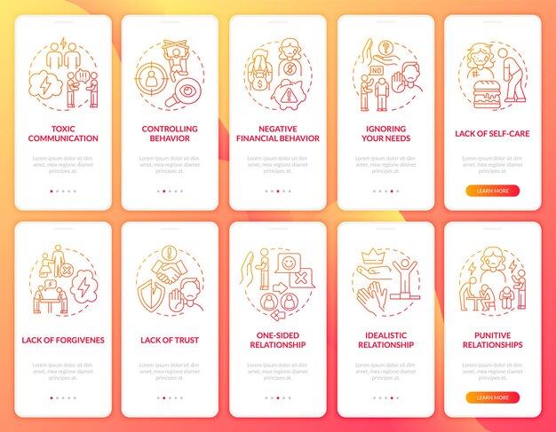 Väärinkäyttävä suhde, mobiilisovelluksen aloitusnäyttö. Toksisuus ja vihamielisyys, viiden vaiheen graafiset ohjeet käsitteillä. UI, UX, GUI -vektorimalli lineaarisilla värikuvituksilla