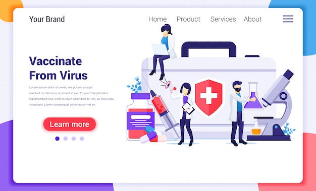 vaccination concept, time to vaccinate, doctors with syringe, vaccine bottle. website landing page template