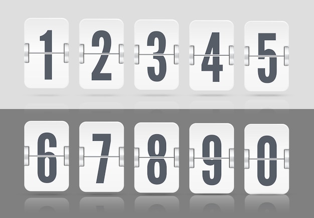 Valkoinen vektori numeroinen malli suunnitteluusi. Sarja kääntötaulua heijastuksilla, jotka kelluvat eri korkeuksilla, mukaan lukien numerot ja symbolit lähtölaskenta-ajastimelle vaalealla ja tummalla taustalla.