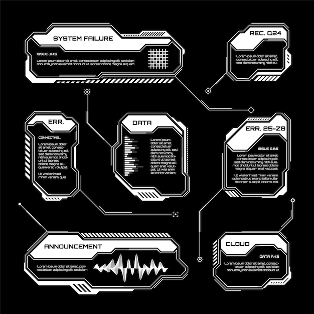 Valkoiset futuristiset HUD-käyttöliittymäelementit, scifi-käyttöliittymän tekstikehykset, kuvatekstit ja varoitusviestikehykset