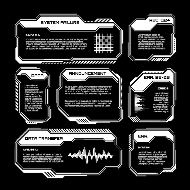 Valkoiset futuristiset HUD-käyttöliittymäelementit, scifi-käyttöliittymän tekstikehykset, kuvatekstit ja varoitusviestikehykset