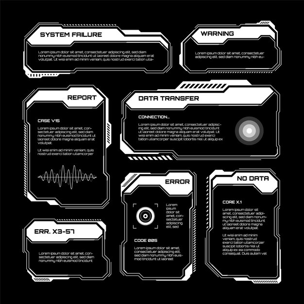 Valkoiset futuristiset HUD-käyttöliittymäelementit, scifi-käyttöliittymän tekstikehykset, kuvatekstit ja varoitusviestikehykset