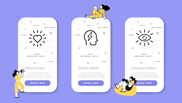 values set icon haerht head eye vision thinking aim motivation concept ui phone app screens with people vector line icon for business and advertising