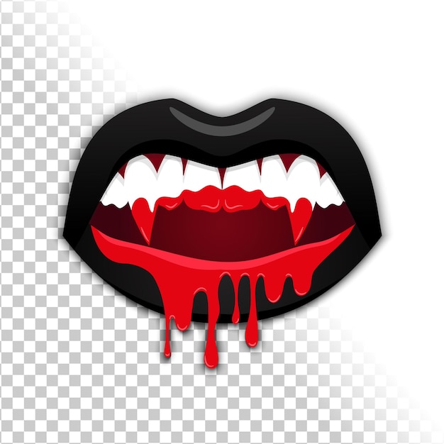Vampire woman open mouth with black lips and bloody fangs
