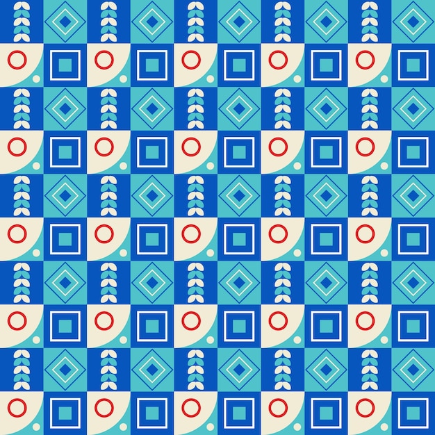 Värikäs uusgeometrinen kuvio. Uusgeometrinen saumaton periodinen ruudukko värillisillä geometrisilla muodoilla M