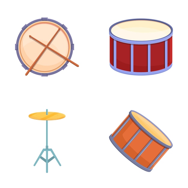 various drum icons set cartoon vector drum of different style and color