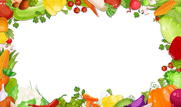 Various fresh vegetables picture frame Healthy vegetarian food Collection of pepper pumpkin carrot tomato potato corn plant Vitamin diet autumn harvest White background Vector illustration