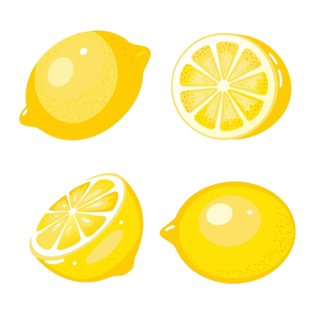 various illustrations of a yellow lemon whole sliced and cut