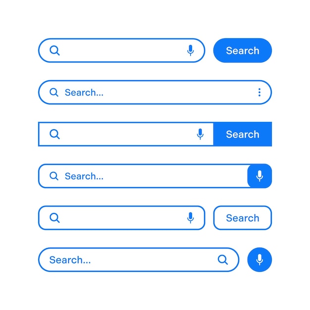 Various search bars with outline border Internet browser engine with search box address bar and text field UI design website interface element web icons and push button Vector illustration