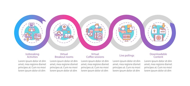 VE:n menestysvinkkien vektoripohjainen infografiikkamalli. Ryhmätyöskentelytilat, kahvitauot esityksen suunnitteluelementit. Datan visualisointi 5 vaiheella. Prosessin aikajana. Työnkulun asettelu lineaarisilla kuvakkeilla