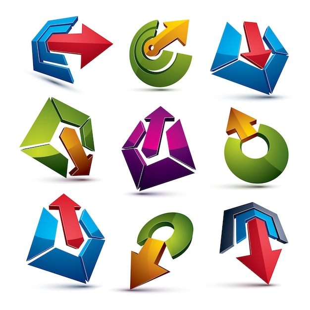 vector 3d abstract icons set, simple corporate graphic design elements. colorful marketing symbols set isolated on white background.