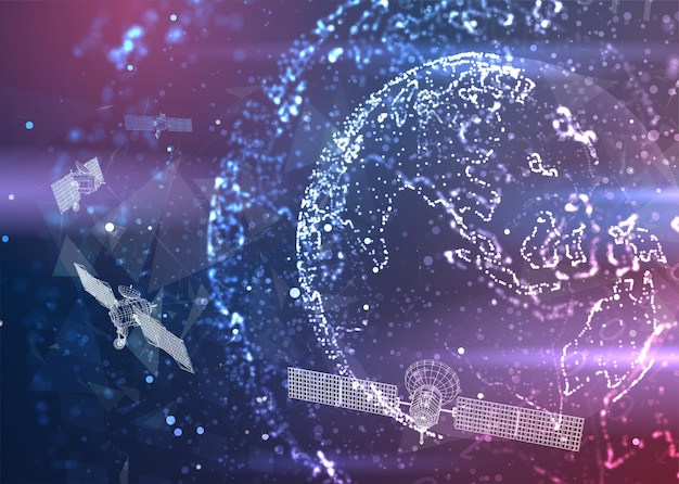 vector 3d background communication satellite in a volumetric triangular style abstract caotic particle explosion