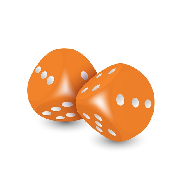 Vector 3d Realistic Orange Game Dice with White Dots Set Closeup Isolated on White Background Game Cubes Couple for Gambling in Different Positions Casino Dices Round Edges