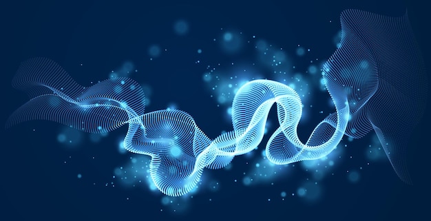 Vector abstract background with wave of flowing particles over dark, smooth curve shape lines, particle array flow. 3d shape glowing dots blended mesh, technology relaxing wallpaper.