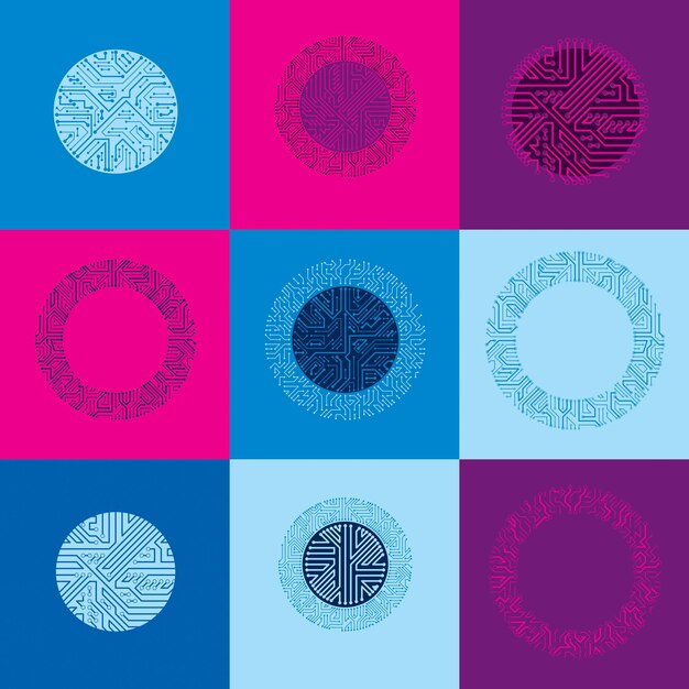 vector abstract computer circuit boards collection, round technology elements with connections. electronics theme web design abstractions.