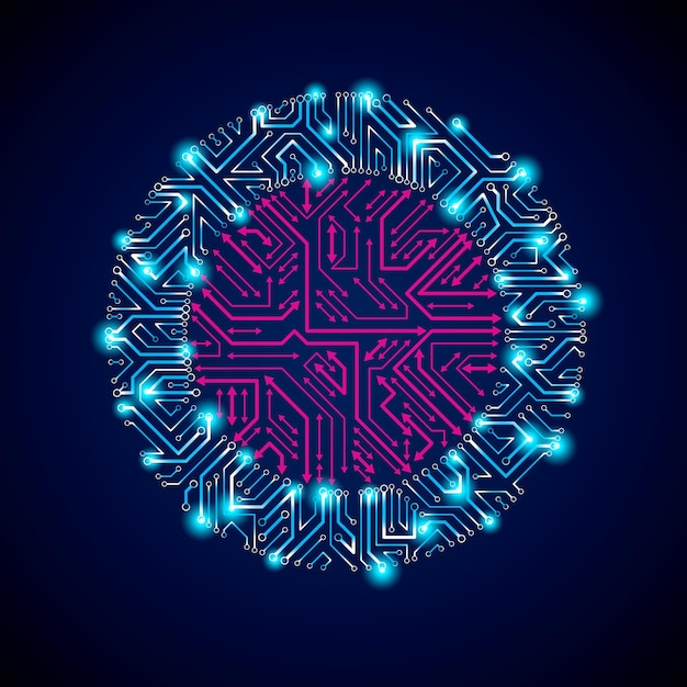 Vector abstract computer glare circuit board, blue round technology element with connection arrows and neon lights. Electronics theme web design abstraction.