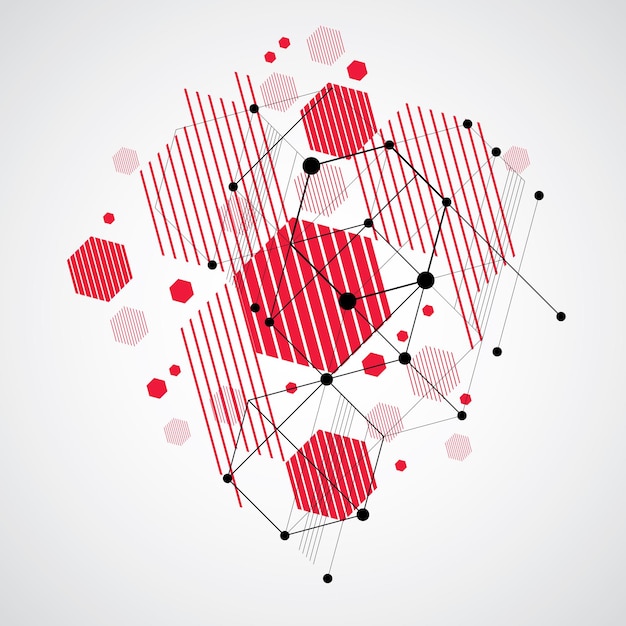 Vector abstract red background created in Bauhaus retro style. Modern geometric composition can be used as templates and layouts. Engineering technological wallpaper made with honeycombs.