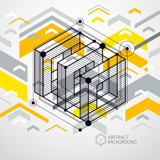 Vector abstract yellow background created in isometric mesh lines style. Mechanical scheme, vector engineering drawing with cube and mechanism parts. Perfect background for your design projects