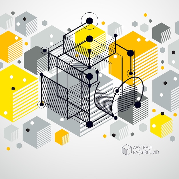 Vector abstract yellow background created in isometric mesh lines style. Mechanical scheme, vector engineering drawing with cube and mechanism parts. Perfect background for your design projects