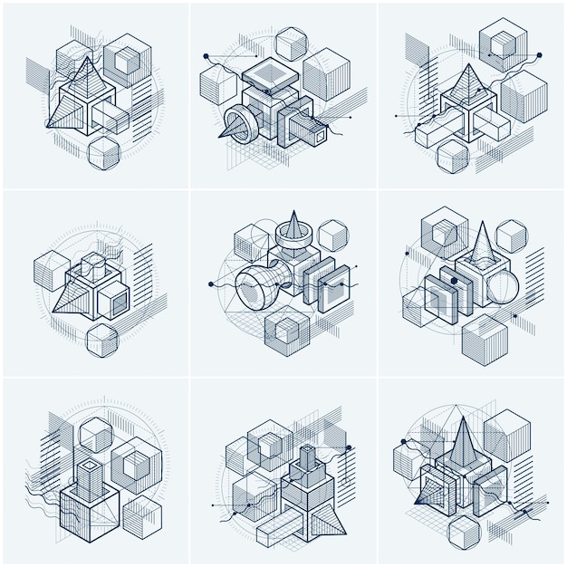 Vector backgrounds with abstract isometric lines and figures. Templates made with cubes, hexagons, squares, rectangles and different abstract elements. Vector set.