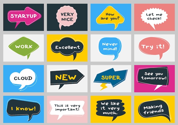 vector big set of color cartoon geometric bubble speech with text. flat style creative illustration design of communication cloud