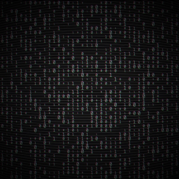 Vector binary code dark background. Big data and programming, hacking, decryption, encryption, computer numbers 1,0. Coding or Hacker concept. Analog TV Glitch moire texture. No signal noise.