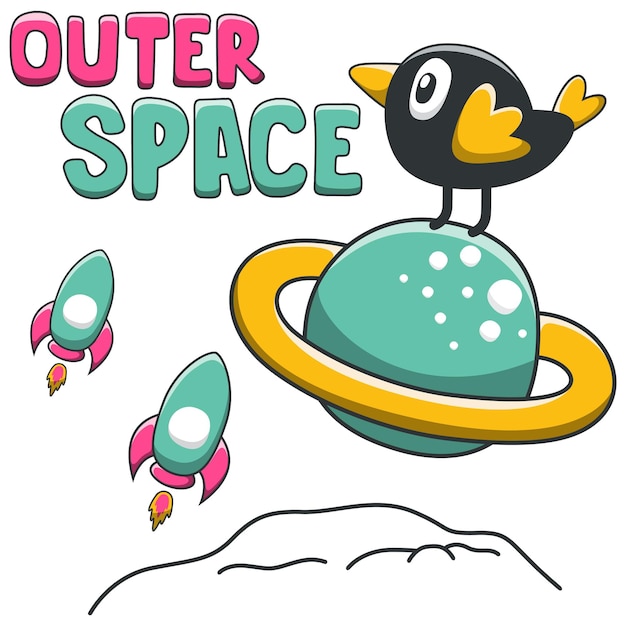 Vector bird character in the space with planet and rocket isolated on white background