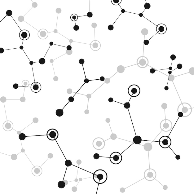Vector black molecules with dots lines white background
