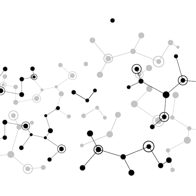 Vector black molecules with dots lines white background