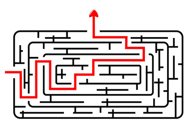 Vector Black Rectangle Rounded Corner Maze, Red Line from in to out with arrow