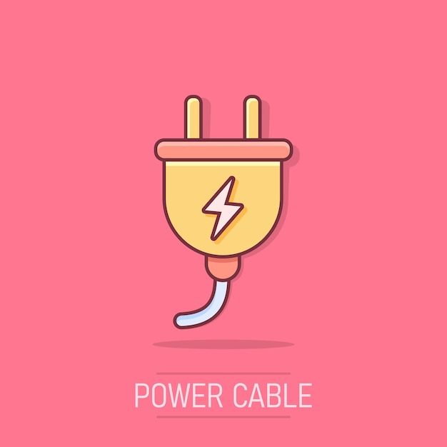 Vector cartoon electric plug icon in comic style Power wire cable sign illustration pictogram Wire business splash effect concept