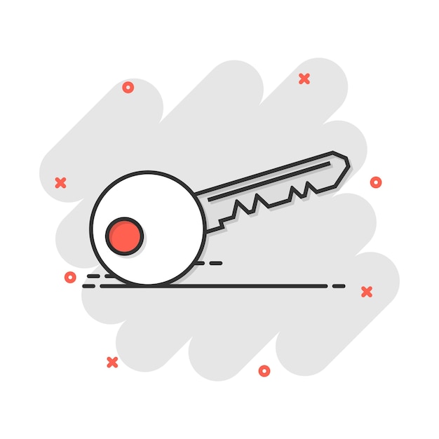 Vector cartoon key icon in comic style Unlock sign illustration pictogram Private secure key business splash effect concept