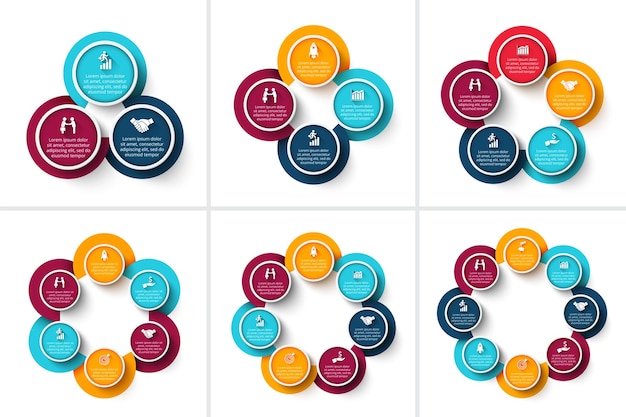 Vector circle infographic with 3 4 5 6 7 and 8 options parts steps or processes