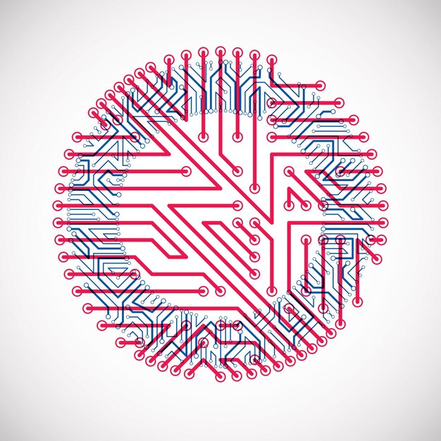 Vector circuit board circle, digital technologies abstraction. Blue and red computer microprocessor scheme, futuristic design.