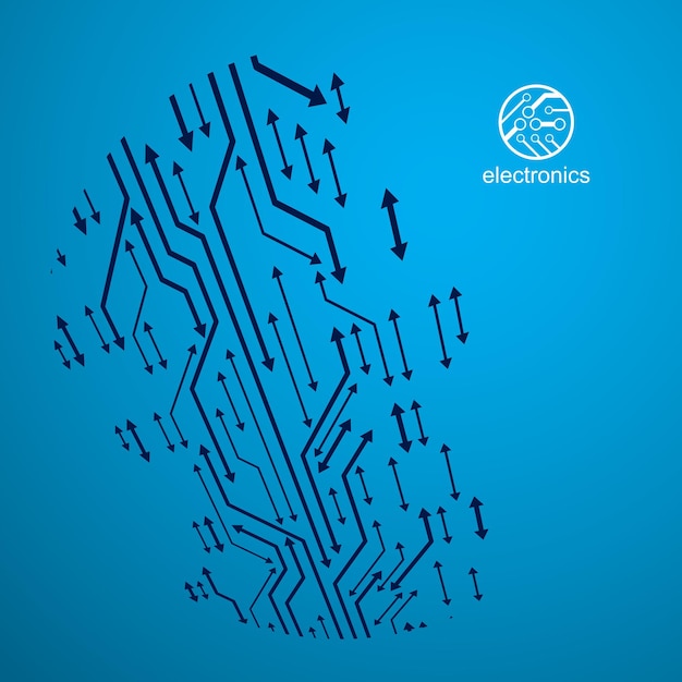 Vector circuit board with electronic components of technology device. Computer motherboard cybernetic abstraction. Electronic microprocessor with arrows.