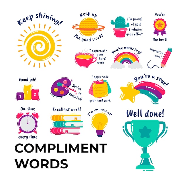 vector collection of objects with words of praise